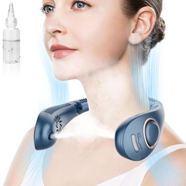 Neck Fan with Mist Spray,Bladeless Folding Neck Fans that Blow Cold Air,Portable Necklace Fan Rechargeable Battery Operated Quiet Cooling Device,Wearable Hands Free Fans for Women Men Kids Blue