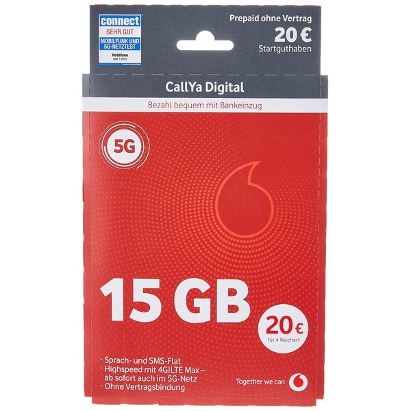Vodafone Prepaid CallYa Digital | From now on even more data volume - 20 GB instead of 15 GB | 5G network | SIM card without contract | 1st month free | phone & SMS flat