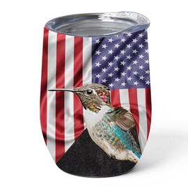 Patriotic Bee Hummingbird Tumbler 12oz - Stainless Steel Vacuum Insulated Wine Cup with Lid - American Flag & Pet Novelty Gifts for Hummingbird Lovers