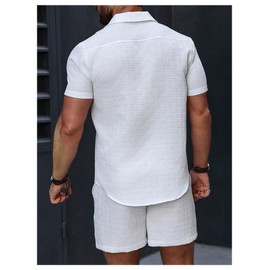 GORGLITTER Men's 2 Piece Outfits Waffle Knit Button Down Shirt Top and Shorts Set, Solid White, X-Large