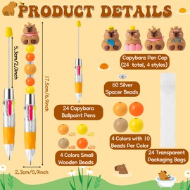 CY2SIDE Capybara Beadable Pens Making Kit - 24PCS DIY Fun Animal 4-in-1 Plastic Ballpoint Pens with Assorted Wood Beads and Crystal Round Spacer Bulk for Kids, Capybara Party Favor for School Rewards