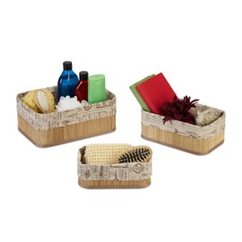 Relaxdays Set of 3 Bamboo Storage Baskets, Fabric Cover in Vintage Design, 3 Sizes, Cosmetics & Towels, Natural/Beige