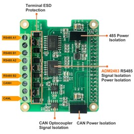 RS485 CAN HAT para Raspberry Pi Via SPI Onboard 1 x CAN Bus MCP2515 Transceptor 2 x RS485 Bus SC16IS1752, señal y aislamiento de energía, puerto de protección ESD, módulo de comunicación estable de larga distancia