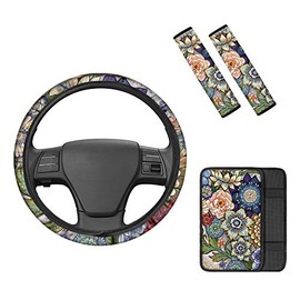 TOADDMOS 4 Pieces Decorative Boho Floral Car Accessories Set,Universal Steering Wheel Cover Floral,Center Console Pad,Comfortable Auto Seatbelt Protectors for Women Ladies
