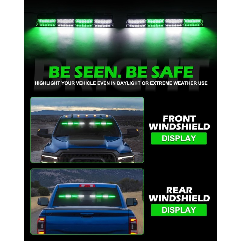 HLauto 604N Emergency Dash Strobe Lights: 2x16.8 inch Green White