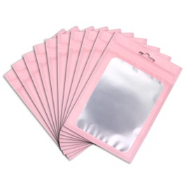 XFXIA 100 Pieces Mylar Bags, Resealable Smell Proof Bags with Zipper Lock and Clear Window, Aluminum Foil Pouch Bag for Candy Packaging |Flat|Cute| (Pink, 4×5.78 inches)