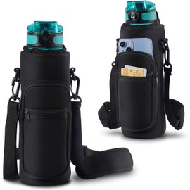 YEENAIV 40oz Water Bottle Carrier Bag, Sport Water Bottle Carrier Sling Bag with Adjustable Strap, Water Cup Holder with 2 Pockets for Walking Hiking Camping-Black