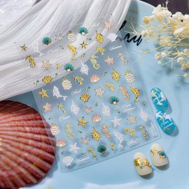 5D Embossed Seashell Nail Art Sticker with Pearl Shell Design Summer Nail Stickers Ocean Starfish Dolphin Seahorse Nail Decals Gold Conch Coconut Tree Stickers for Women Nails Supplies Decor 1Pcs