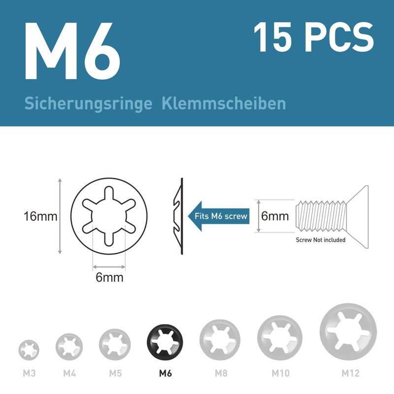 BOUMVID Pack of 15 M6 washers, black circlips, clamping ring,