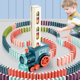 Yizemay Domino Train Toy Set, Dominoes Toys for Boys with 100PCS Domino Blocks, Kids Building and Stacking Train Dominoes Game Toys, Electric Train with Sound Train Gifts for 3+ Years Old Kids