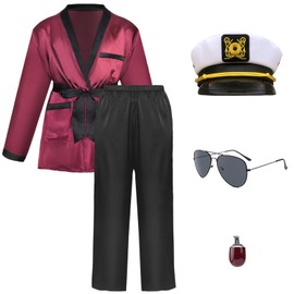 Men Red Silky Robe Jacket With Black Pants Includes Captain Hat and Toy Prop Sunglasses Bunnygirl Cosplay Costume(S)