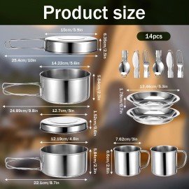 JJUNW 14Pcs Stainless Steel Camping Cookware Set, Lightweight Compact Camping...