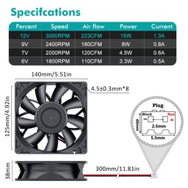 Wathai 140mm x 38mm Case Fan 12V Exhaust Fan Dual Ball High Airflow 220CFM 3000RPM DC High Static Pressure CFM Fan for DIY Project Ventilation Cooling