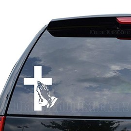 Christian Cross Praying Hands Decal Sticker Car Truck Motorcycle Window Bumper Laptop Wall Decor - Size (22 inch / 56 cm Tall) - Color (Gloss White)