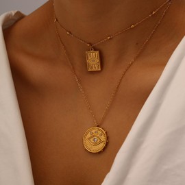 UniLogue Classic Fashion Ins Stainless Steel 18K Gold Plated Necklace Evil's Eye Zircon Pendant Choker Chain (Round)