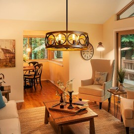 XINGQI 21.7'' Modern Chandelier, Farmhouse Drum Chandeliers for Dining Room Living Room Bedroom 5-Light Pendant Lighting Round Black Metal Antique Wood Grain Finish Adjustable