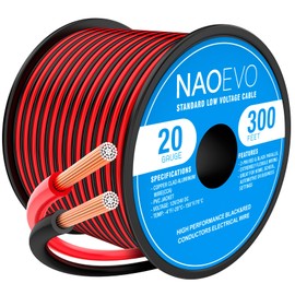 NAOEVO 20 Gauge Wire 300FT, 2 Conductors Electrical Wire Red Black Cable, Flexible/Low Voltage/PVC 20 AWG Copper Clad Aluminum Extension Cord for Speaker, LED Strips, Automotive 12V/24V DC