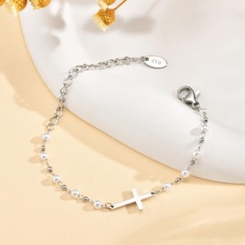MEALGUET Baby Baptism Cross Bracelet Gift : Delicate Silver Delicate Pearl Cross Bracelets Children Kids Daughter Grandson Son Birthday First Communion Confirmation Gifts Christian Jewelry for Boys