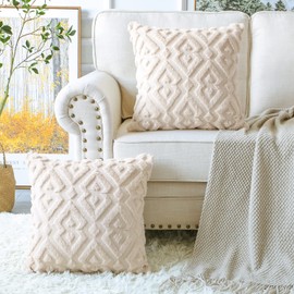 Artscope Pack of 2 Soft Plush Short Wool Velvet Decorative Throw Pillow Covers Luxury Style Cushion Covers European Pillow Shell for Sofa Bedroom Diamond Shape Cream Beige, 24x24 Inch