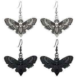 Kawailay 2 Pairs Gothic Moth Earrings Vintage Skull Butterfly Earrings Rock Punk Moth Dangle Earrings for Women - Silver Black, Alloy Steel