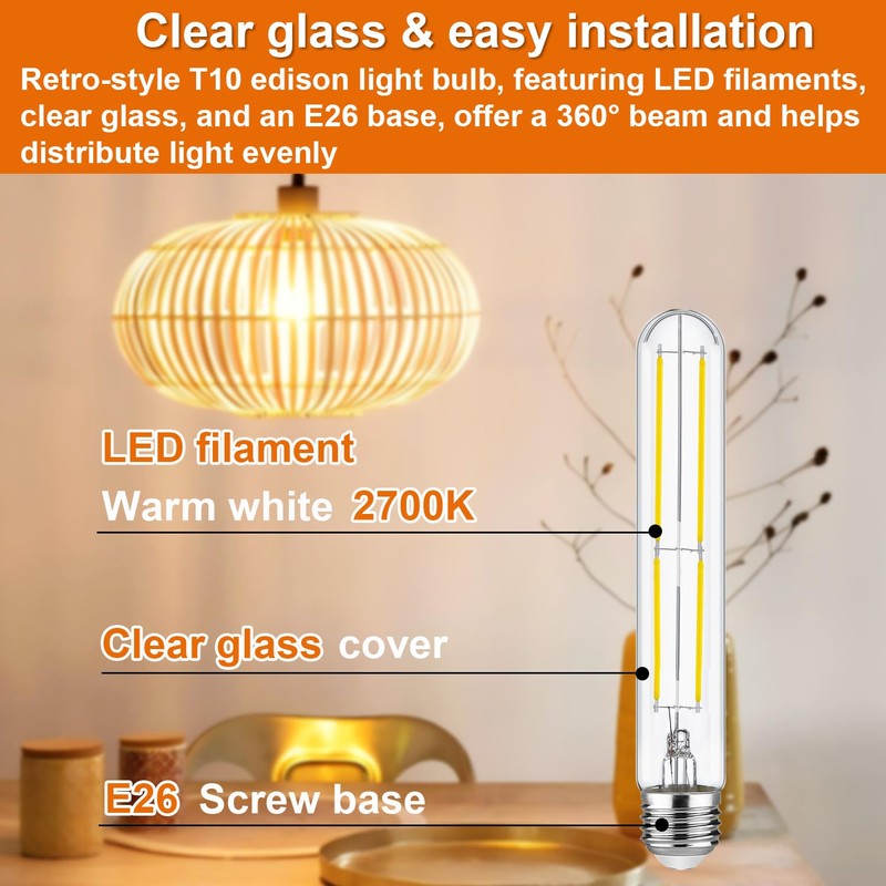 Vinaco T10/T30 LED Edison Bulb, 2 Pack Dimmable No Flicker