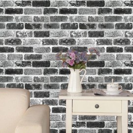 LiKiLiKi Grey Brick Wallpaper Peel and Stick Wallpaper Gray Stone Self Adhesive Contact Paper Home Use Decoration Vinyl 17.71''x118'' for Kitchen Living Room Backsplash