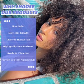 Hanne Fashion Afro Bomb Curly Wigs for Black Women Kinky Curly Wig with Bangs Short Black Curly Synthetic Wigs Fluffy Natural Black Wig for Women