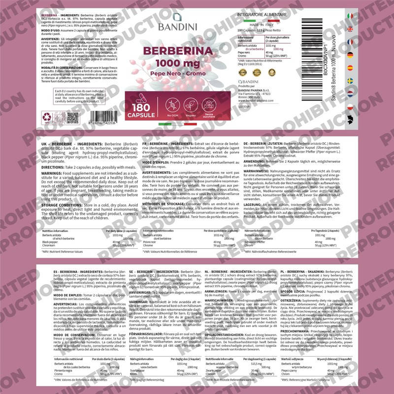 Bandini® Berberine 1000mg Pure high Dosage | 180 Vegan Capsules