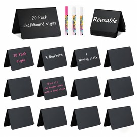 20 Pack Mini Chalkboard Signs - 4x3 Reusable Plastic Table Labels with 3 Chalk Markers | Waterproof Erasable Food Tags for Buffet, Wedding Table Numbers & Party Decoration