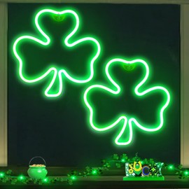 2 Pack 11Inch St Patricks Day Decorations Shamrock Neon Lights, Green Decor Clover Window Lights with 2 Hooks, USB Powered St. Patrick's Day Lighted Shamrocks for Party Wall Bedroom Indoor Outdoor