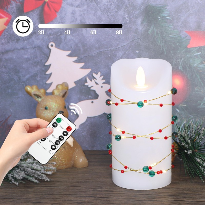 Holiday Flameless LED Candle Christmas Candles with Red Green Beads
