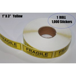 Unbranded YELLOW 1-Roll 1,000 1x3 FRAGILE HANDLE WITH CARE Stickers Labels Strong Adhesive