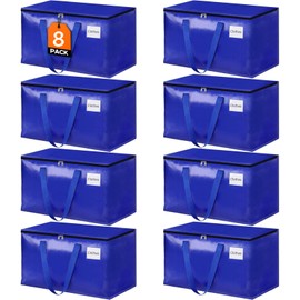 HomeHacks Moving Bags, 8-Pack Heavy Duty with Strong Zippers and Handles Collapsible Moving Supplies, Storage Totes for Packing & Moving Storing 93L-8 Pack (Blue)
