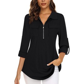 Gemulate Plus Size Clothing for Women Casual Tunic Blouse Loose Long Sleeve Tops V Neck 3/4 Rolled Up Sleeve Shirts Tunics for Women UK - Black, XXXL