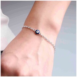 Yheakne Boho Evil Eye Bracelet Blue Eye Bracelet Silver Protective Bracelet Adjustable Hand Chain Lucky Charm Hand Chain Jewellery for Women and Girls (Silver), Silver Metal