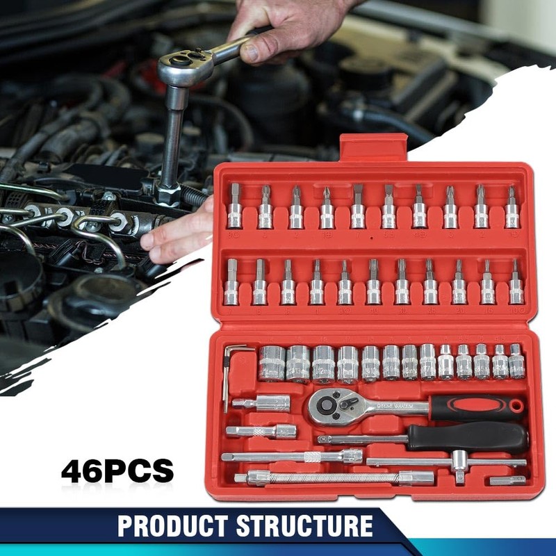 PIT66 46Pcs Set 1/4" Ratchet Wrench Combination Socket Tool Set