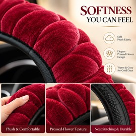 Luxury Plush Steering Wheel Cover, Soft Short-Fur Winter Car Steering Wheel Protector with Elegant Pressed Flower Design, Cozy Comfortable Auto Interior Accessory for 14.5–15 Inch Steering Wheels