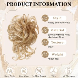 Mtuihfo Messy Bun Hair Piece, Curly Wavy Hair Buns Hair Piece - Tousled Updo Fake Hair Bun - Synthetic Messy Bun Scrunchie Hairs Pieces for Women Girls (Golden Gradient)