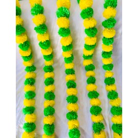 5 PC - 5 feet Artificial Marigold Garland Indian/American Wedding Party, Faux Garlands Wedding Garland, Diwali Decoration, Mantle Decoration, Diwali, Spring Bush Floral! (Green and Yellow)