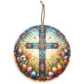 Easter Resurrection Cross Religious Stained Glass Look Holiday Tree Ornament/Rear View Mirror Hanging Ornament - Car Mirror Hanging Accessories