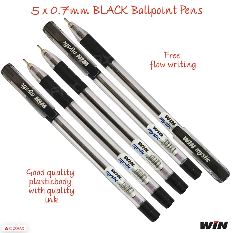 WIN 5 x 0.7mm Biro Tip Ball Pens Mystic BLACK