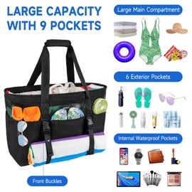 IVODEELA Beach Bags for Women with Zip,Large Mesh Beach Tote Bag Waterproof and Sandproof,Travel Tote Bag with Front Buckles for Traveling,Shopping,Pool,Black