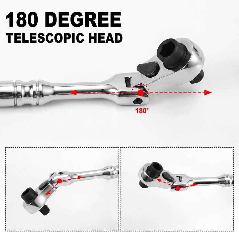 NQEUEPN 1/4" Drive Flex Head Ratchet, 2 in 1 Flex