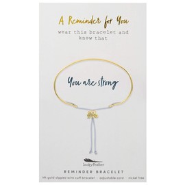 Lucky Feather Reminder 14k Gold Dipped Adjustable Wire Cuff Mantra Bracelet (You are Strong) with Gold Tone Elephant Bead Charm. Ideal Quarantine Gift