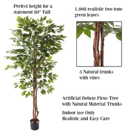 Ficus Artificial Tree - 80-Inch Potted Faux Silk Tree with Natural Looking Leaves for Office or Home Decor - Realistic Indoor Plants by Pure Garden