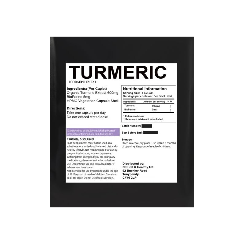 Turmeric with Black Pepper – 60 Vegan Capsules – 600mg