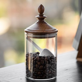 AXUYU Coffee Bean Storage, Small Glass Jar with Airtight Retro Wooden Lid, Clear Coffee Bean Container with Spoon, Kitchen Storage Canister for Ground Coffee, Tea, Spice, and More/550ml