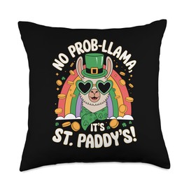 Fun St Patricks Day Llama, Shamrock and Rainbow Design Throw Pillow