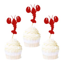 Ercadio - Paquete de 24 adornos para cupcakes de cangrejo de cangrejo rojo con purpurina para magdalenas con temática de langosta para bebés, fiestas de cumpleaños, decoraciones para tartas