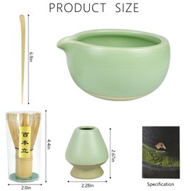 Artcome 4 Pcs Complete Matcha Tea Ceremony Kit for Japanese Tea Ceremony, Bowl with Pouring Spout, Whisk, Whisk Holder, Tea Scoop, Matcha Tea Set For Making Usucha, Koicha and Matcha Latte (Green)